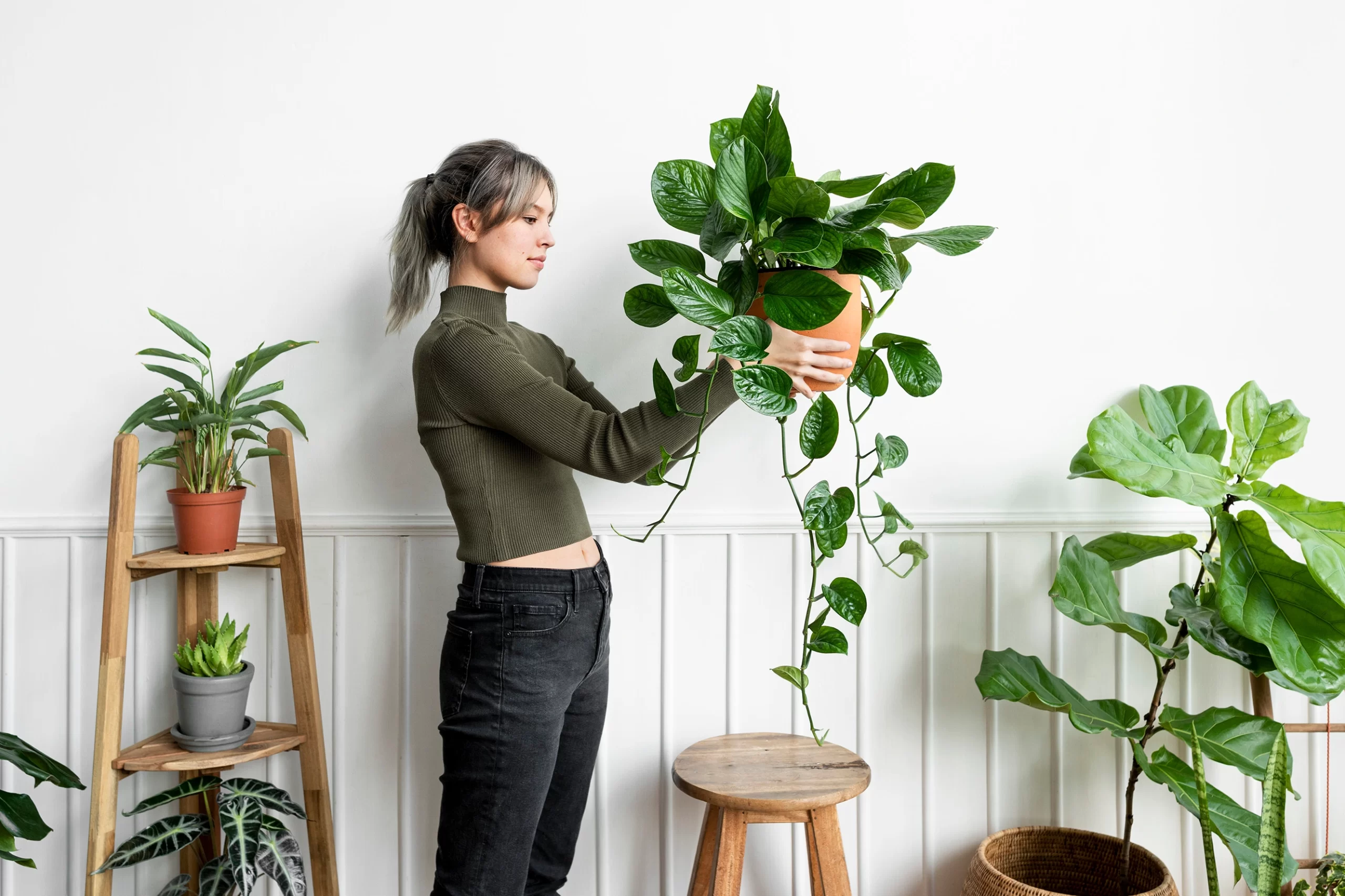 Happy Woman Carrying Houseplant